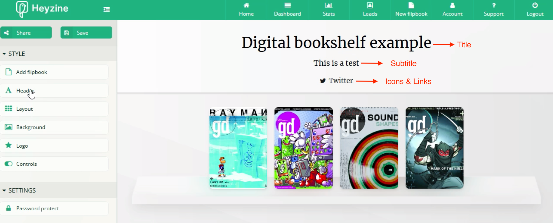 digital bookshelf with header