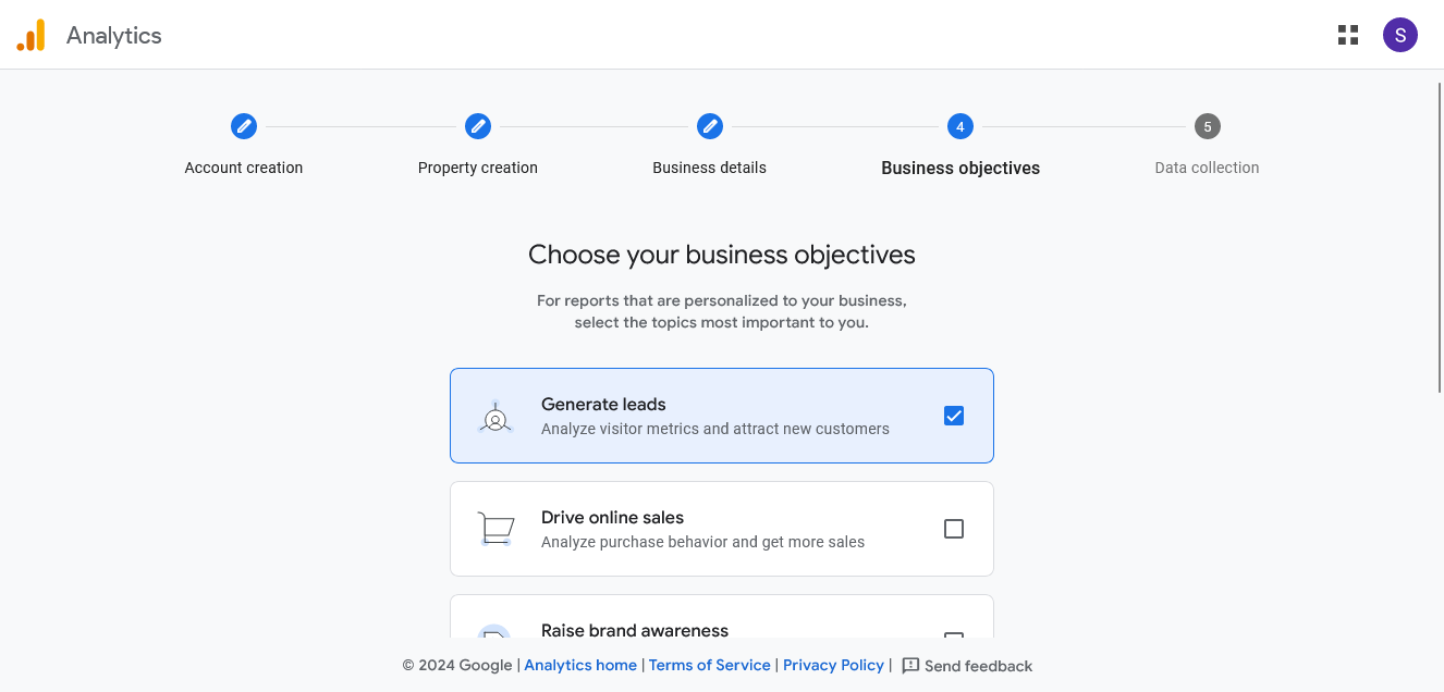 Google Analytics business objectives page