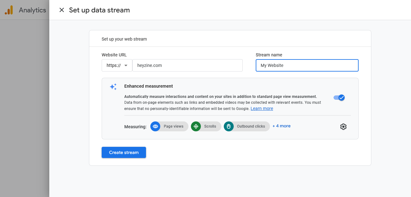 Google Analytics - set up data stream page