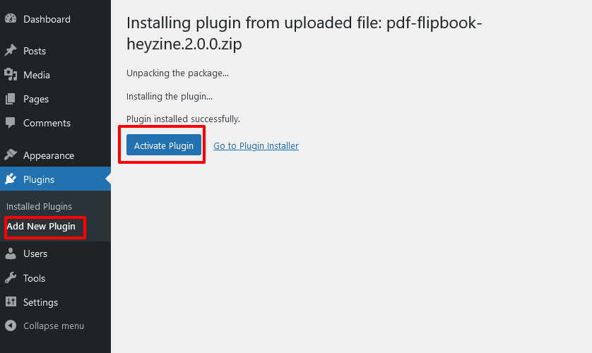 Screen to install the WordPress flipbook plugin through the zip file