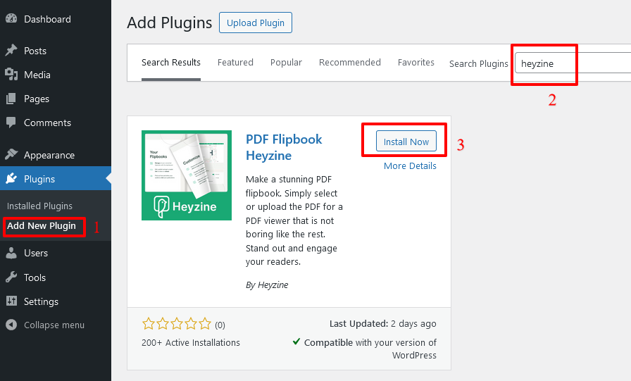 Screen to install the WordPress Flipbook Plugin through the search