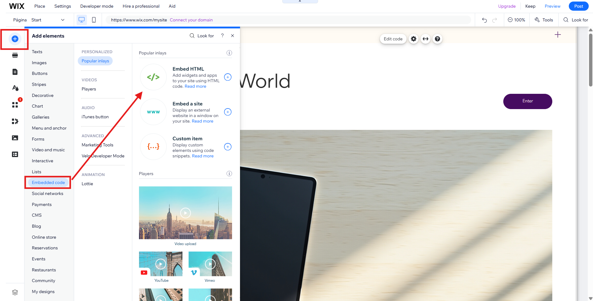 Wix, Embedded code, Embed HTML