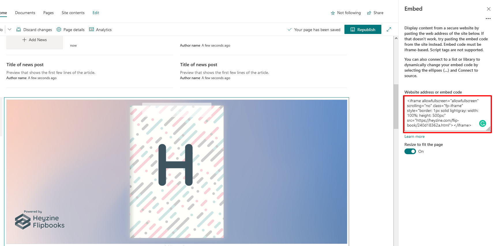 embed flipbook into sharepoint