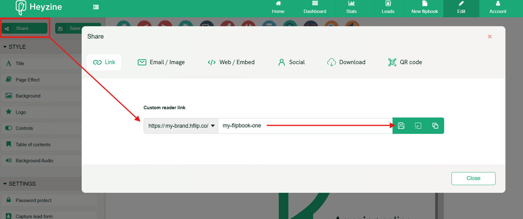 flipbook path customization on the share menu